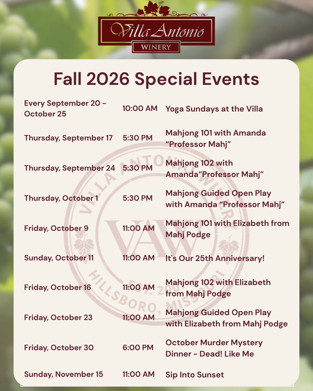 Special Events at Villa Antonio Winery